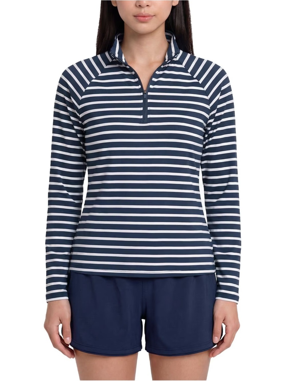 Lands' End Navy and White Striped Quarter-Zip Long Sleeve Top